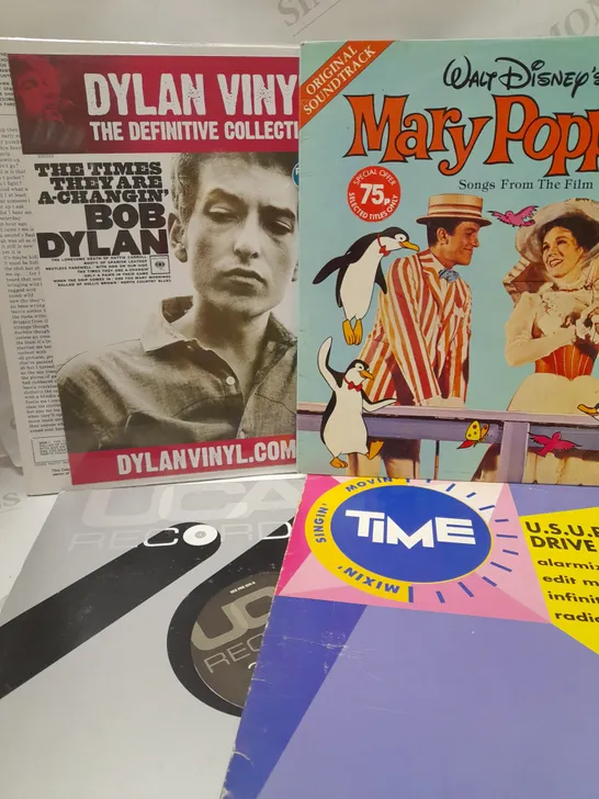 LOT OF APPROX 8 ASSORTED VINYLS TO INCLUDE DISNEY MARY POPPINS SONGS FROM THE FILM, BOB DYLAN THE DEFINITIVE COLLECTION, U.S.U.R.A DRIVE ME CRAZY MIX, ETC