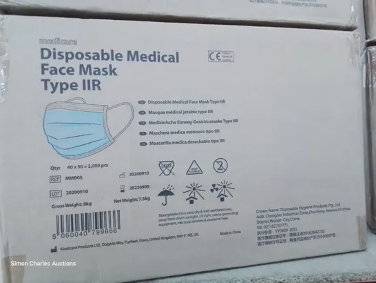 TWO CASES CONTAINING APPROXIMATLY 1500 DISPOSABLE MEDICAL FACE MASKS TYPE IIR