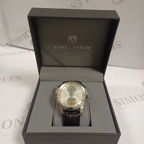 MENS VONLANTHEN AUTOMATIC WATCH – SILVER AND BLUE TEXTURED DIAL - GLASS EXHIBITION BACKCASE – BLACK LEATHER STRAP