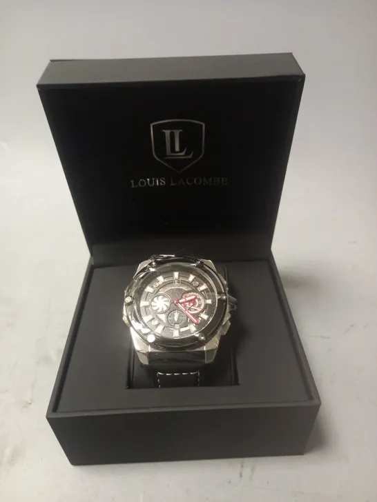 LOUIS LACOMBE STAINLESS STEEL GENTS CHRONOGRAPH WATCH WITH BLACK STRAP IN GIFT BOX