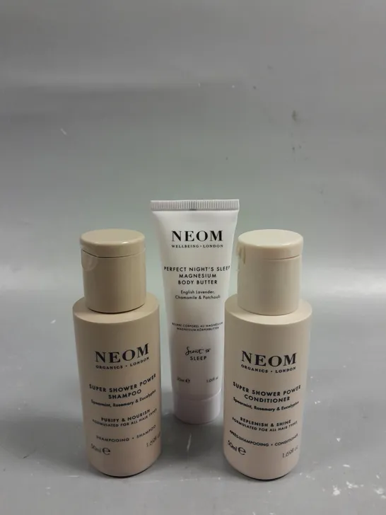 3 ASSORTED NEOM HEALTH AND BEUTY PRODUCTS TO INCLUDE MAGNESIUM BODY BUTTER (30ML), REPLENISH & SHINE CONDITIONER (50ML) AND PURIFY & NOURISH SHAMPOO (50ML). 