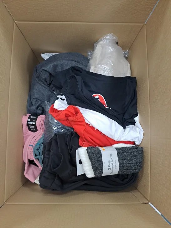 BOX OF ASSORTED CLOTHING ITEMS TO INCLUDE TOPS, JOGGERS, SOCKS ETC 