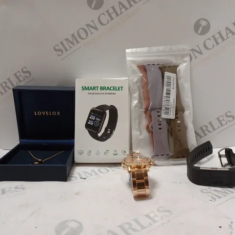 BOX OF APPROX 25 ASSORTED ITEMS TO INCLUDE - SMART BRACELET HEALTH WATCH - LOVELOX NECKLESS - WATCH STRAPS ECT