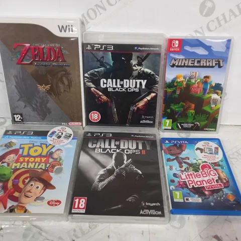 LOT OF APPROXIAMTELY 5 ASSORTED VIDEO GAMES FOR VARIOUS PLATFORMS TO INCLUDE CALL OF DUTY BLACK OPS (PS3), ZELDA TWILIGHT PRINCESS (WII), MINECRAFT (SWITCH), ETC