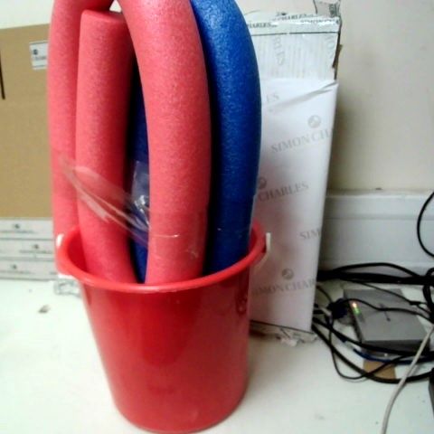 ASSORTED ITEMS TO INCLUDE, TOYRIFIE POOL NOODLES, AND RED 8 LITRE BUCKET