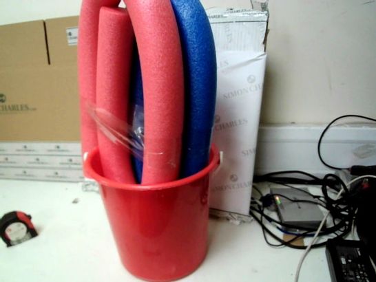 3 ASSORTED ITEMS TO INCLUDE, 2X TOYRIFIE POOL NOODLES, AND RED 8 LITRE BUCKET