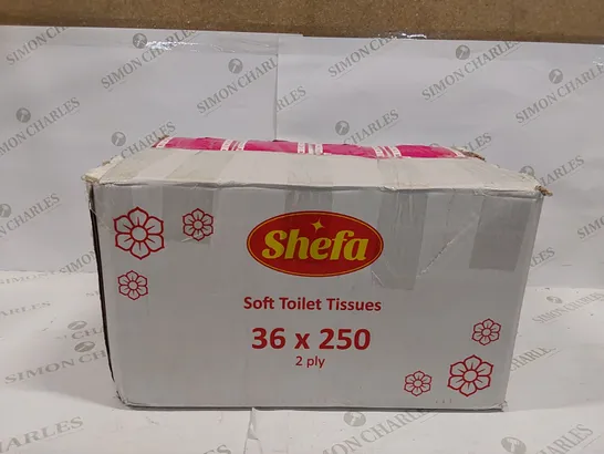 BOX OF APPROXIMATELY 36 X 250PCS SHEFA 2 PLY SOFT TOILET TISSUES (1 BOX)
