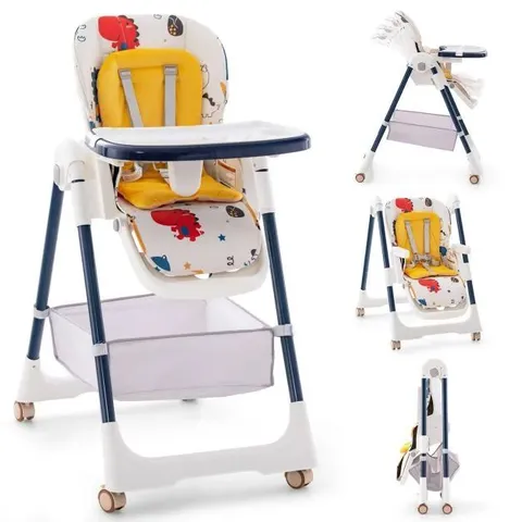 BOXED FOLDING CONVERTIBLE BABY HIGH CHAIR WITH RECLINING BACKREST - YELLOW