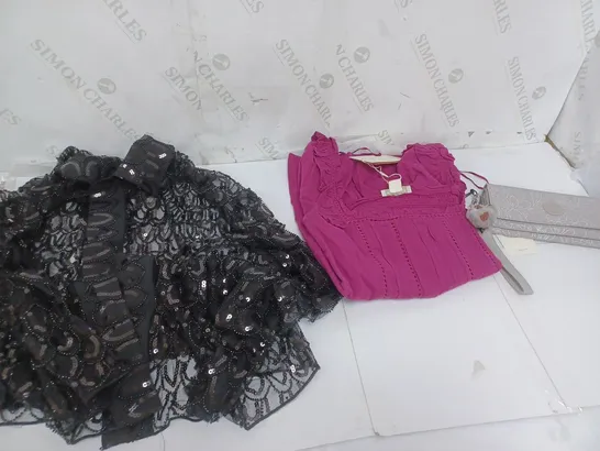 BOX OF 10 ASSORTED CLOTHING ITEMS TO INCLUDE BLACK SHEER BUTTON UP TOP, SHAPEWEAR UNDERWEAR, ETC