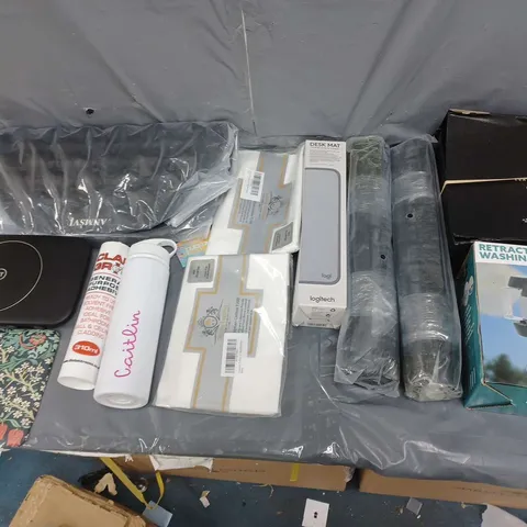 BOX OF APPROXIMATELY 15 ASSORTED HOUSEHOLD ITEMS TO INCLUDE LEATHER CARE KIT, RETRACTABLE WASHING LINE, AND LOGITECH DESK MAT ETC. 