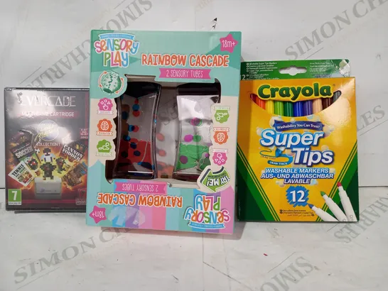 BOX OF APPROXIMATELY 10 ASSORTED TOYS AND GAMES TO INCLUDE EVERCADE MULTI GAME CARTRIDGE, SENSORY PLAY RAINBOW CASCADE, CRAYOLA SUPER TIPS, ETC