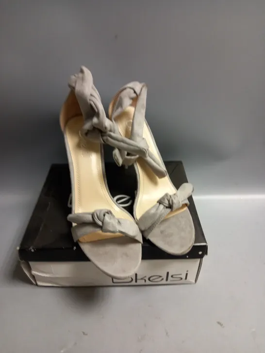 BOXED KELSI LADIES GREY SATIN HIGH HEELED SANDALS WITH TIE DETAIL SIZE EU 38