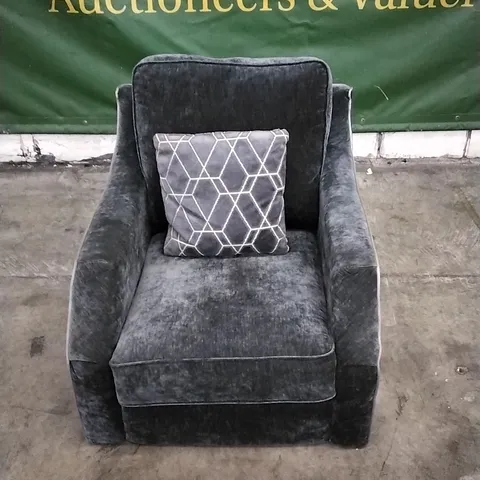 DESIGNER DARK GREY FABRIC ARMCHAIR WITH PATTERNED CUSHION