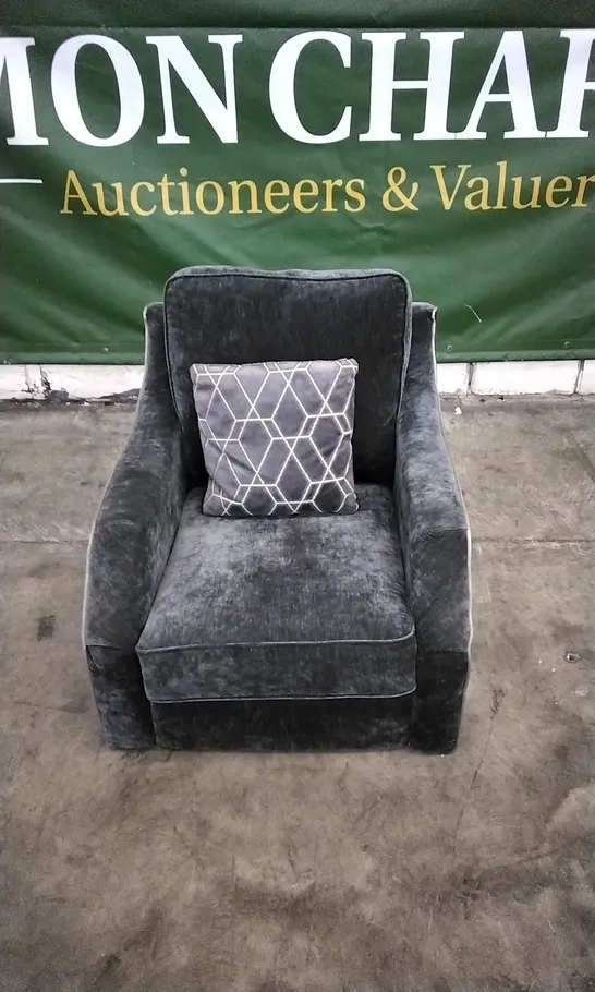 DESIGNER DARK GREY FABRIC ARMCHAIR WITH PATTERNED CUSHION