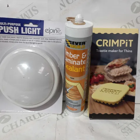 LOT OF APPROXIMATELY 10 ASSORTED HOUSEHOLD ITEMS TO INCLUDE CRIMPIT TOASTIE MAKER FOR THINS, TIMBER AND LAMINATE SEALANT, ELPINE MULTI-PURPOSE PUSH LIGHT, ETC