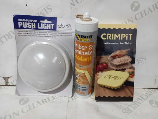 LOT OF APPROXIMATELY 10 ASSORTED HOUSEHOLD ITEMS TO INCLUDE CRIMPIT TOASTIE MAKER FOR THINS, TIMBER AND LAMINATE SEALANT, ELPINE MULTI-PURPOSE PUSH LIGHT, ETC