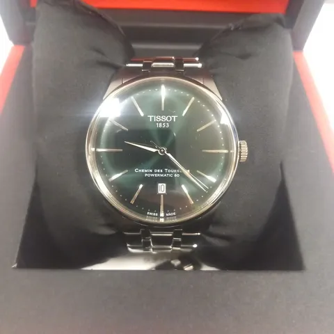 BOXED TISSOT 1853 CHEMIN DES TOURELLES POWERMATIC 80 WRIST WATCH WITH GREEN FACE