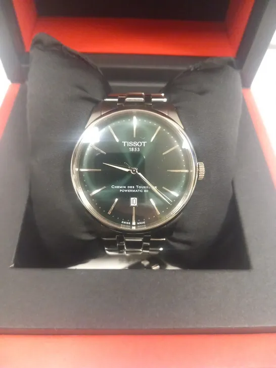 BOXED TISSOT 1853 CHEMIN DES TOURELLES POWERMATIC 80 WRIST WATCH WITH GREEN FACE