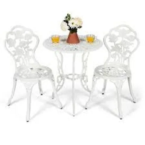 BOXED COSTWAY 3PCS ALUMINIUM BISTRO DINING TABLE SET WITH ROSES DESIGN - WHITE