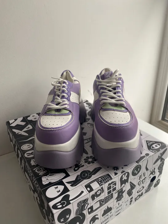 BOXED PAIR OF KOI BLUEBERRY JUICE PURPLE TRAINERS SIZE 6