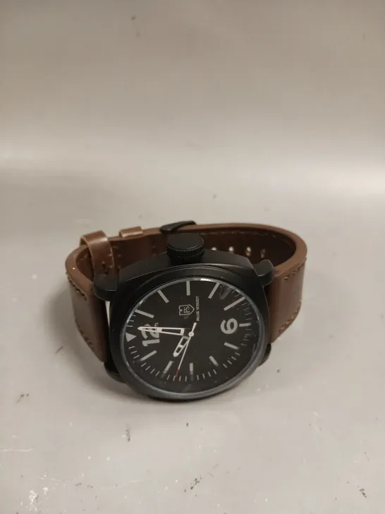 MENS FRANK SCHMIDT WATCH – LARGE BLACK CASE – BLACK PILOT DIAL – BROWN LEATHER STRAP – 3ATM WATER RESISTANT