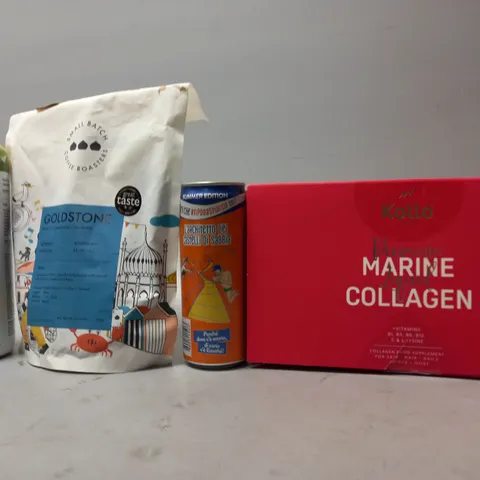 TOTE OF APPROX 11 ASSORTED FOOD ITEMS TO INCLUDE - KOLLO MARINE COLLAGEN , HUEL BANANA , GOLDSTONE COFFEE ROASTERS ETC