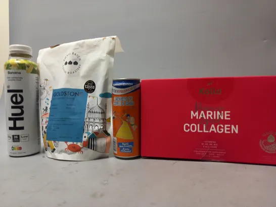 TOTE OF APPROX 11 ASSORTED FOOD ITEMS TO INCLUDE - KOLLO MARINE COLLAGEN , HUEL BANANA , GOLDSTONE COFFEE ROASTERS ETC