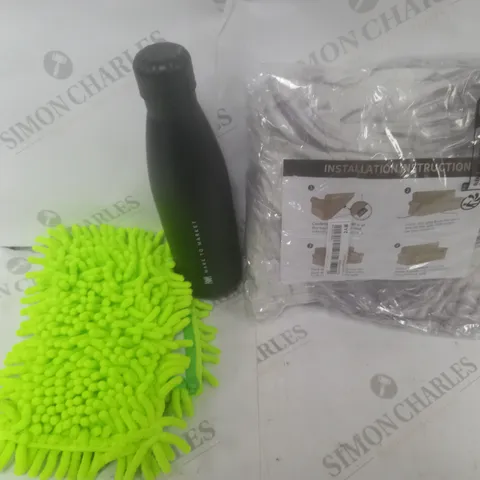 BOX OF APPROXIMATELY 15 HOUSEHOLD ITEMS TO CONTAIN MOP HEAD, BLACK METAL FLASK, SOFA COVER ETC 