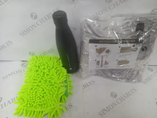 BOX OF APPROXIMATELY 15 HOUSEHOLD ITEMS TO CONTAIN MOP HEAD, BLACK METAL FLASK, SOFA COVER ETC 