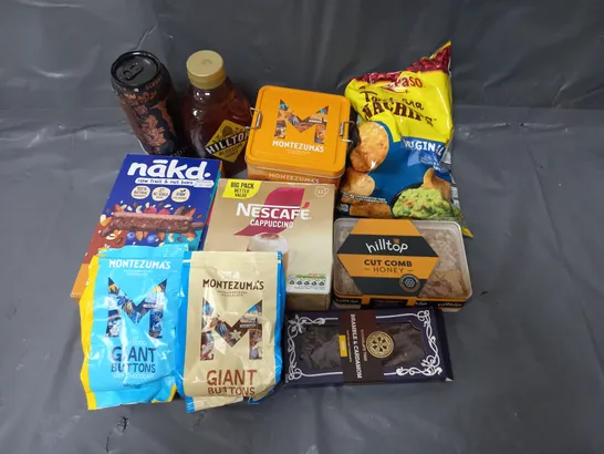 APPROXIMATELY 10 ASSORTED FOOD & DRINK ITEMS TO INCLUDE - HILLTOP CUT COMB HONEY - MONTEZUMA'S CHOCOLATE - NESCAFE CAPPUCINO - ETC 