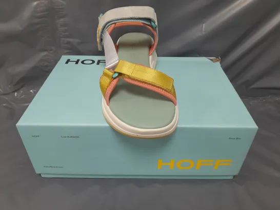 BOXED PAIR OF HOFF OPEN TOE LOW WEDGE SANDALS IN MULTI UK SIZE 6