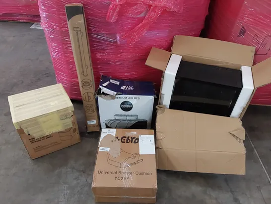 PALLET OF ASSORTED CONSUMER GOODS AND FURNITURE PRODUCTS TO INCLUDE; PC CASE, PREMIUM AIR BED, PORTABLE ICE MAKER, RETRACTABLE SAFETY GATE, BOOSTER CUSHION ECT.