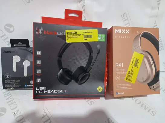 LOT OF APPROXIMATELY 20 ASSORTED HOUSEHOLD ITEMS TO INCLUDE ASDA TECH TRUE WIRELESS EARBUDS, BLACKWEB USB PC HEADSET, MIXX RX1 WIRELESS HEADPHONES, ETC