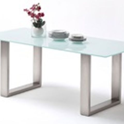 BOXED  SAYONA GLASS DINING TABLE IN PURE WHITE AND STAINLESS STEEL LEGS(2 BOXES)