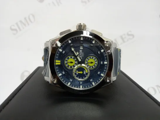 LATOR CALIBRE BLUE & YELLOW DIAL SUEDE LEATHER STRAP WATCH RRP £635