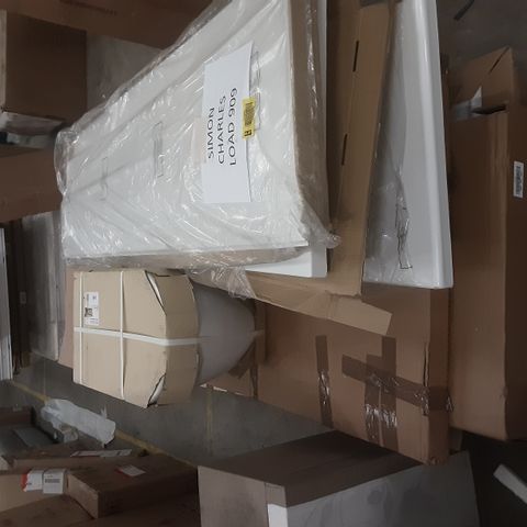 PALLET OF ASSORTED BATHROOM FURNITURE TO INCLUDE TOILETS, VANITY CABINETS AND SHOWER PANELS 