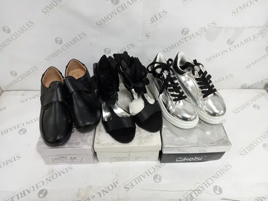 APPROXIMATELY 7 BOXED PAIR OF SHOES TO INCLUDE KELSI TRAINERS SIZE 4, CUSHION LIT FASTEN BLACK SHOES SIZE 7, BLACK HEELED SANDALS SIZE 7 