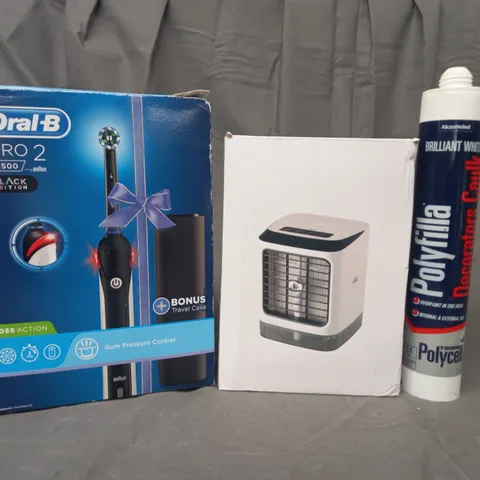 BOX OF APPROXIMATELY 20 ASSORTED HOUSEHOLD ITEMS TO INCLUDE ORAL B PRO 2 2500, MINI AIR COOLER HUMIDIFIER, POLYFILLA, ETC