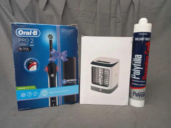 BOX OF APPROXIMATELY 20 ASSORTED HOUSEHOLD ITEMS TO INCLUDE ORAL B PRO 2 2500, MINI AIR COOLER HUMIDIFIER, POLYFILLA, ETC