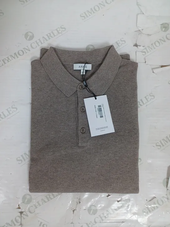 ARNE COTTON KNITTED LONG SLEEE POLO SHIRT IN TAUPE SIZE L