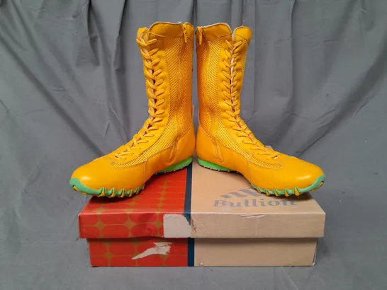 BOXED PAIR OF BULLION SIDE-ZIP LACE UP BOOTS IN YELLOW/GREEN EU SIZE 39