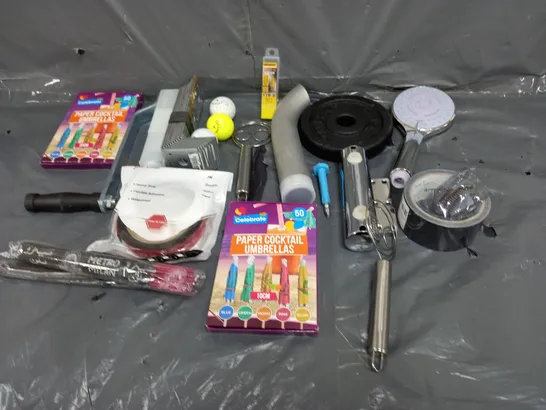 BOX OF ASSORTED HOUSEHOLD ITEMS TO INCLUDE SHOWER HEAD, GOLF BALLS AND COCKTAIL UMBRELLAS