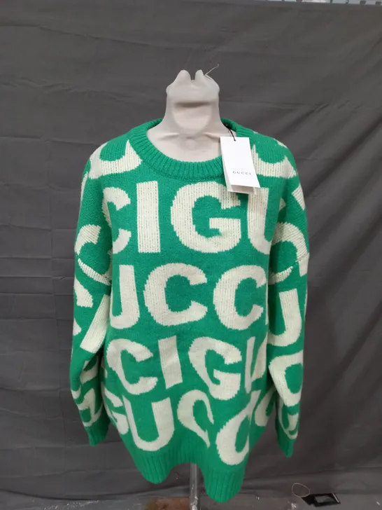 GUCCI KNITTED HEAVY WEIGHTED JUMPER IN GREEN & CREAM - 2XL