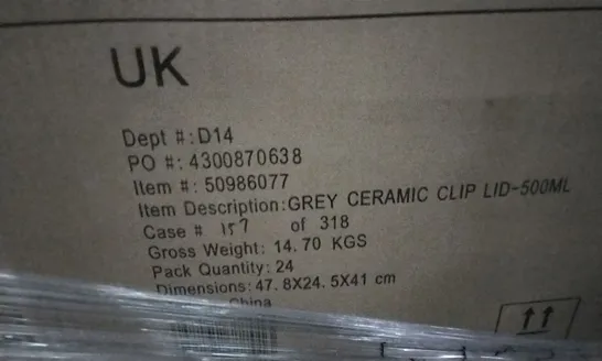 PALLET OF APPROXIMATELY 30 X BOXES OF BRAND NEW GEORGE HOME 500ML GREY CERAMIC CLIP LID JARS - 24 JARS PER BOX AND 10 X BOXES OF BRAND NEW GEORGE HOME 1L GREY CERAMIC CLIP LID JARS - 8 JARS PER BOX 