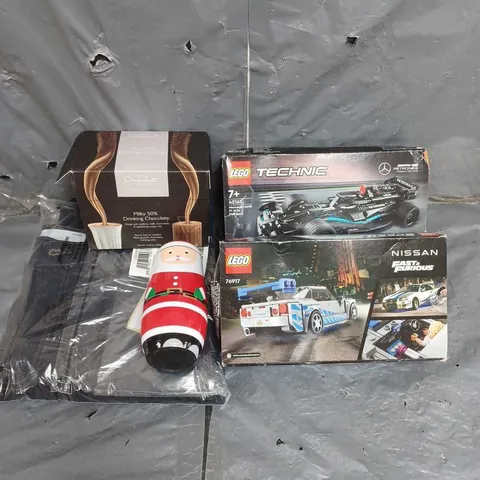 BOX OF APPROXIMATELY 5 ASSORTED HOUSEHOLD ITEMS TO INCLUDE FESTIVE RUSSIAN DOLL SET, LEGO TECHNIC MERCEDES-AMG F1 W14 PULL-BACK 42165 AND HOTEL CHOCOLAT MILKY 50% DRINKING CHOCOLATE SACHETS ETC ETC