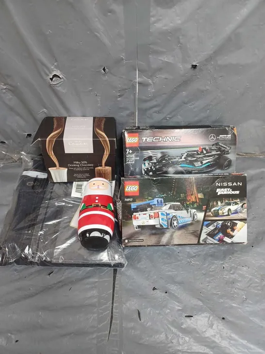 BOX OF APPROXIMATELY 5 ASSORTED HOUSEHOLD ITEMS TO INCLUDE FESTIVE RUSSIAN DOLL SET, LEGO TECHNIC MERCEDES-AMG F1 W14 PULL-BACK 42165 AND HOTEL CHOCOLAT MILKY 50% DRINKING CHOCOLATE SACHETS ETC ETC