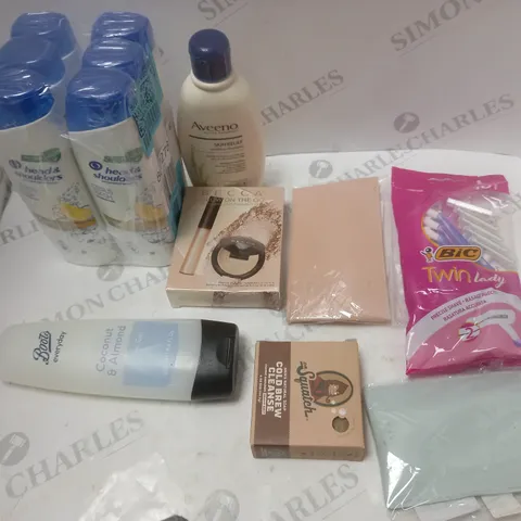 BOX OF ASSORTED COSMETIC ITEMS TOO INCLUDE SHAMPOO , RAZERS AND CREAM 