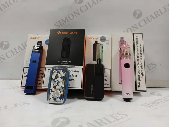 BOX OF APPROX 15 ASSORTED VAPES TO INCLUDE - GEEKVAPE AP2 - ASPIRE FLEXUS BLOK - ASPIRE FAVOSTIX NAVY BLUE ECT