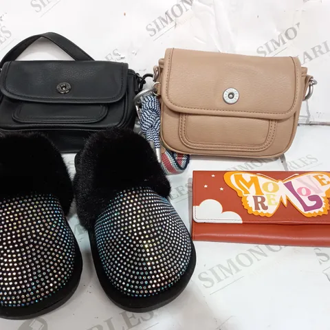 BOX OF APPROXIMATELY 10 ASSORTED ITEMS TO INCLUDE SLIPPERS, BAGS, PURSES ETC