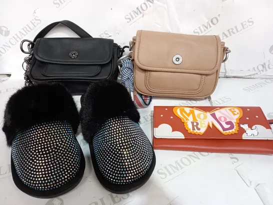 BOX OF APPROXIMATELY 10 ASSORTED ITEMS TO INCLUDE SLIPPERS, BAGS, PURSES ETC